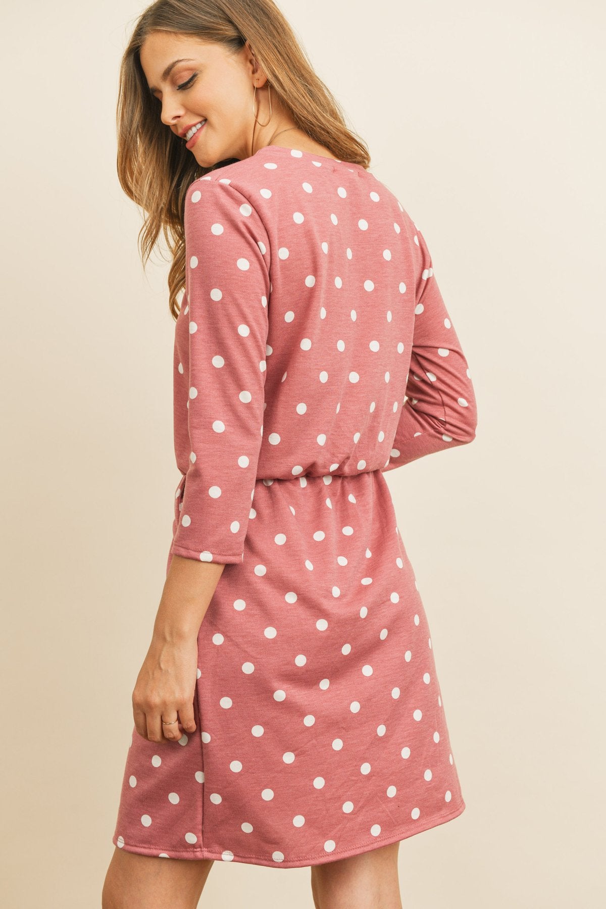 Polka Dot Print French Terry Cinch Waist Tie Front Dress With Pockets