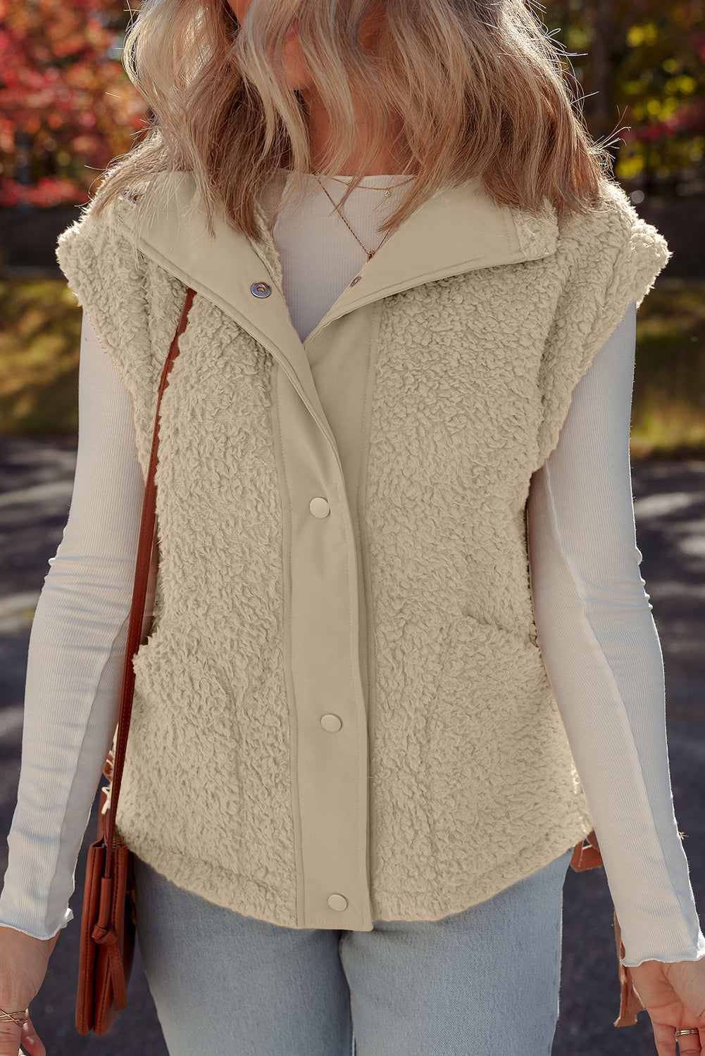 Beige Faux Fur Snap Button Front Knot Side Plush Vest with Pockets