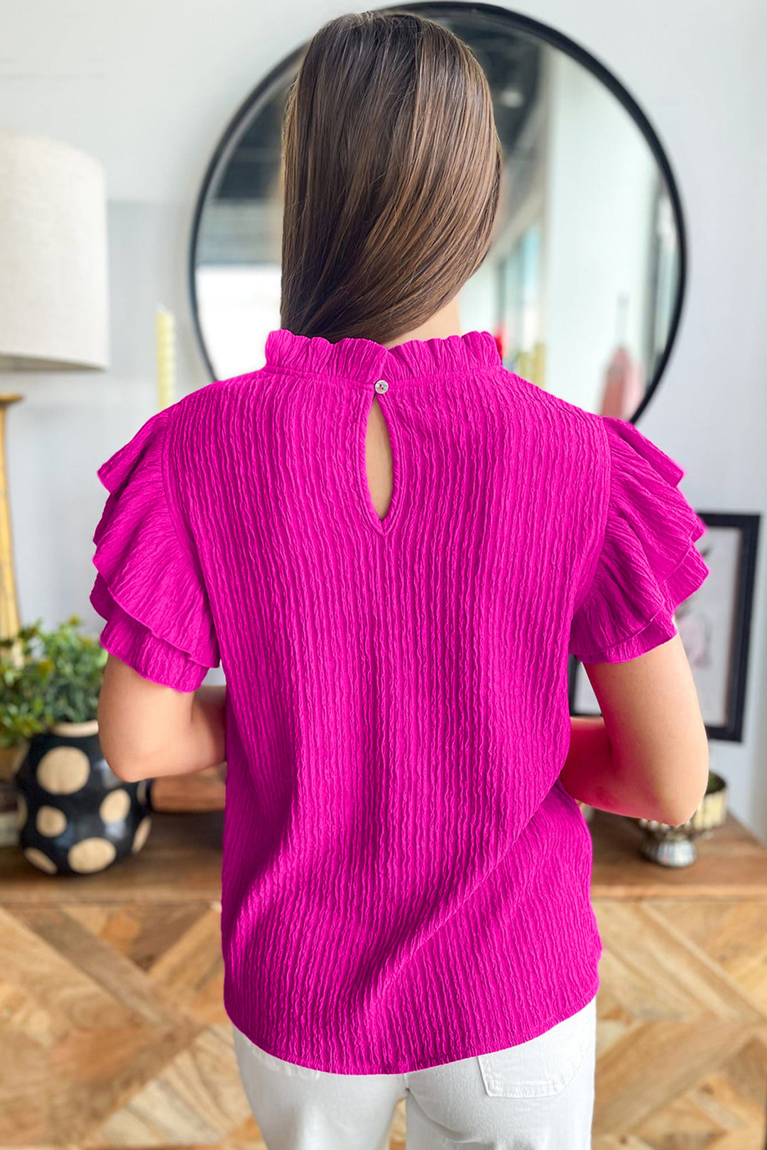 Rose Red Solid Color Textured Ruffle Trim Short Sleeve Blouse