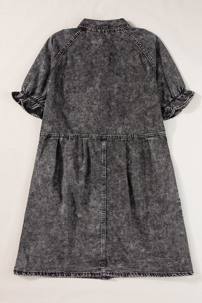 Medium Grey Mineral Wash Ruffled Short Sleeve Buttoned Denim Dress