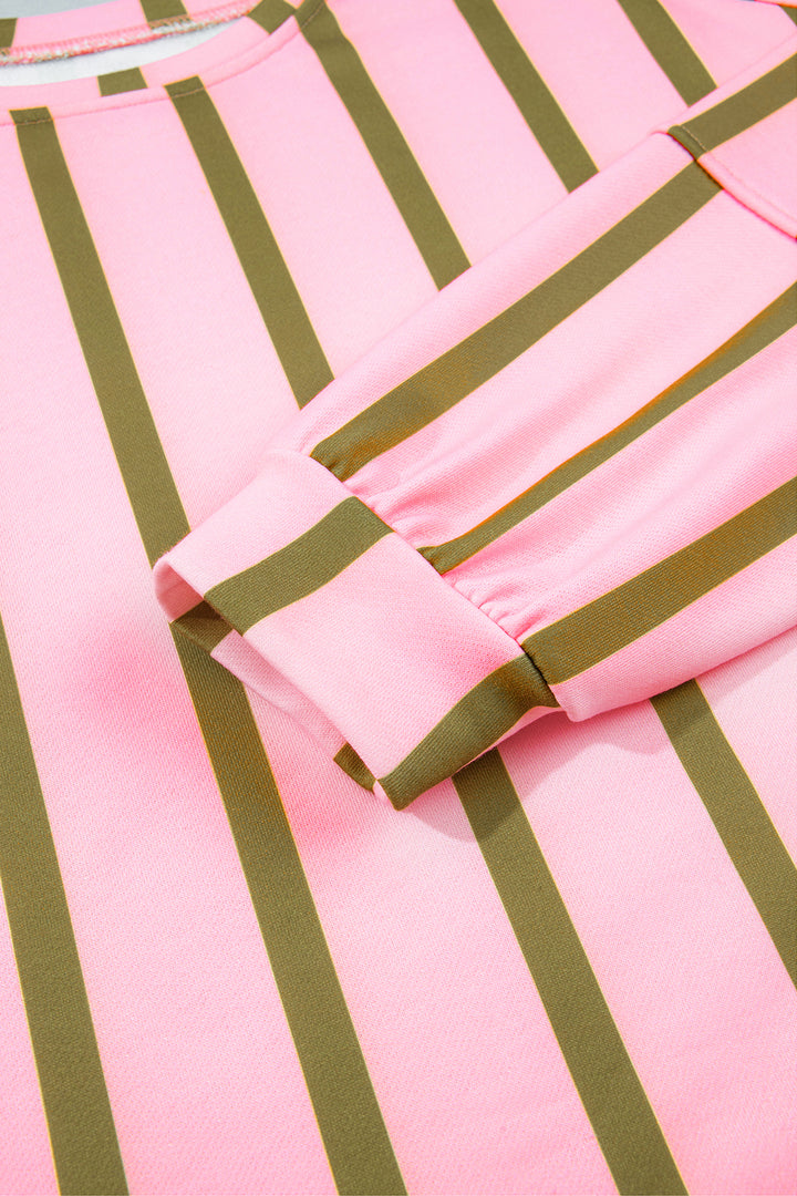 Pink Stripe Dropped Shoulder Round Neck Casual Sweatshirt