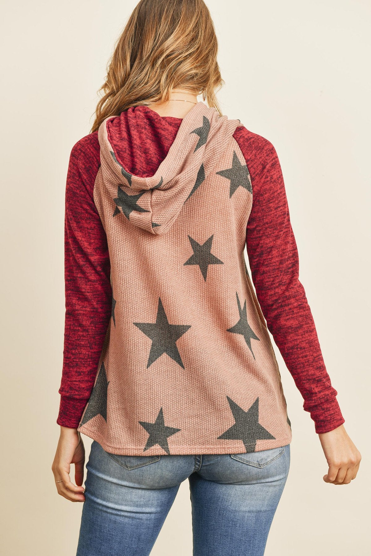 Brushed Hacci Sleeve Rib Detail Star Print Hoodie With Drawstring