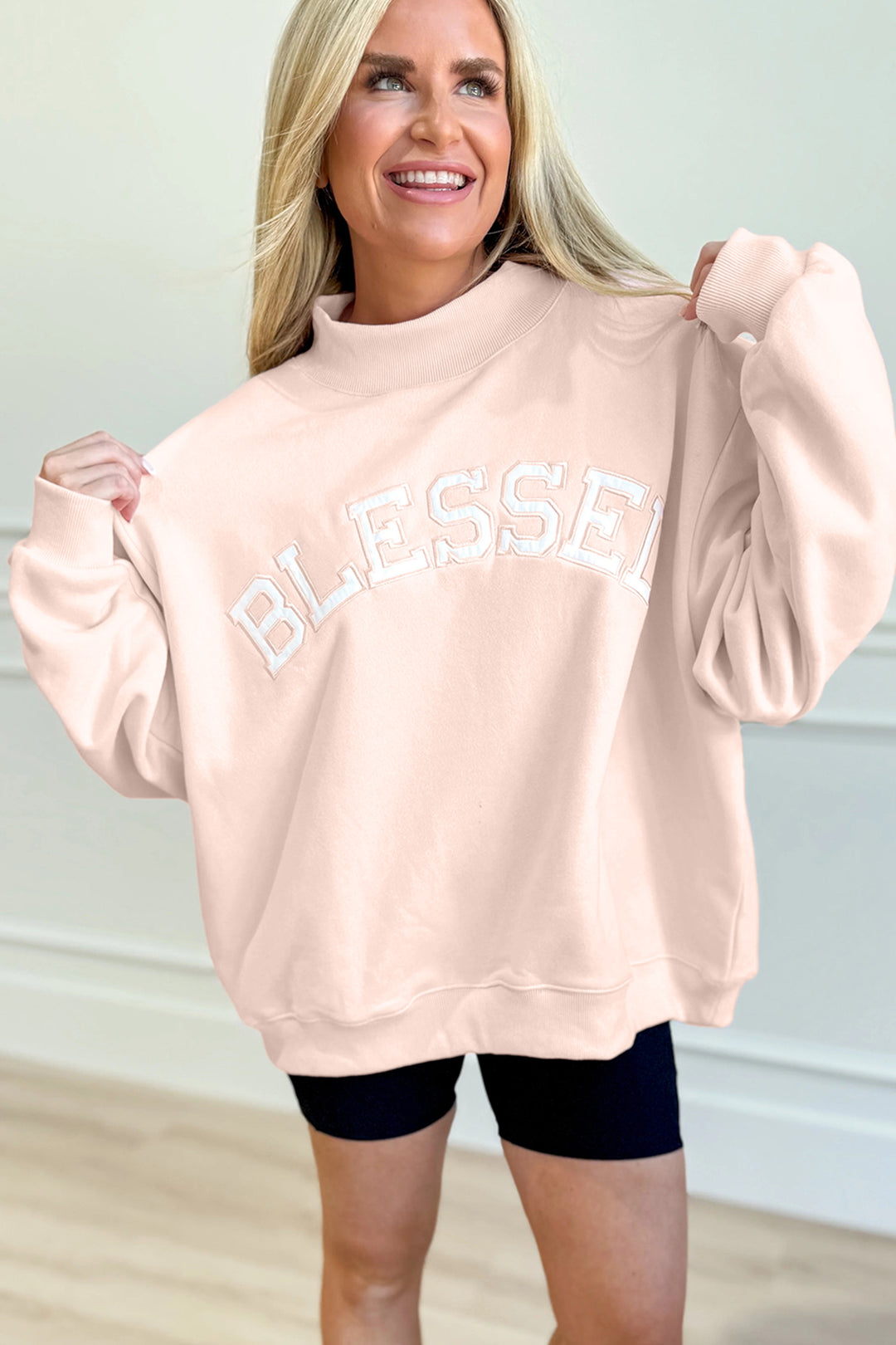 Light Pink Oversize Blessed Embroidered Mock Neck Sweatshirt