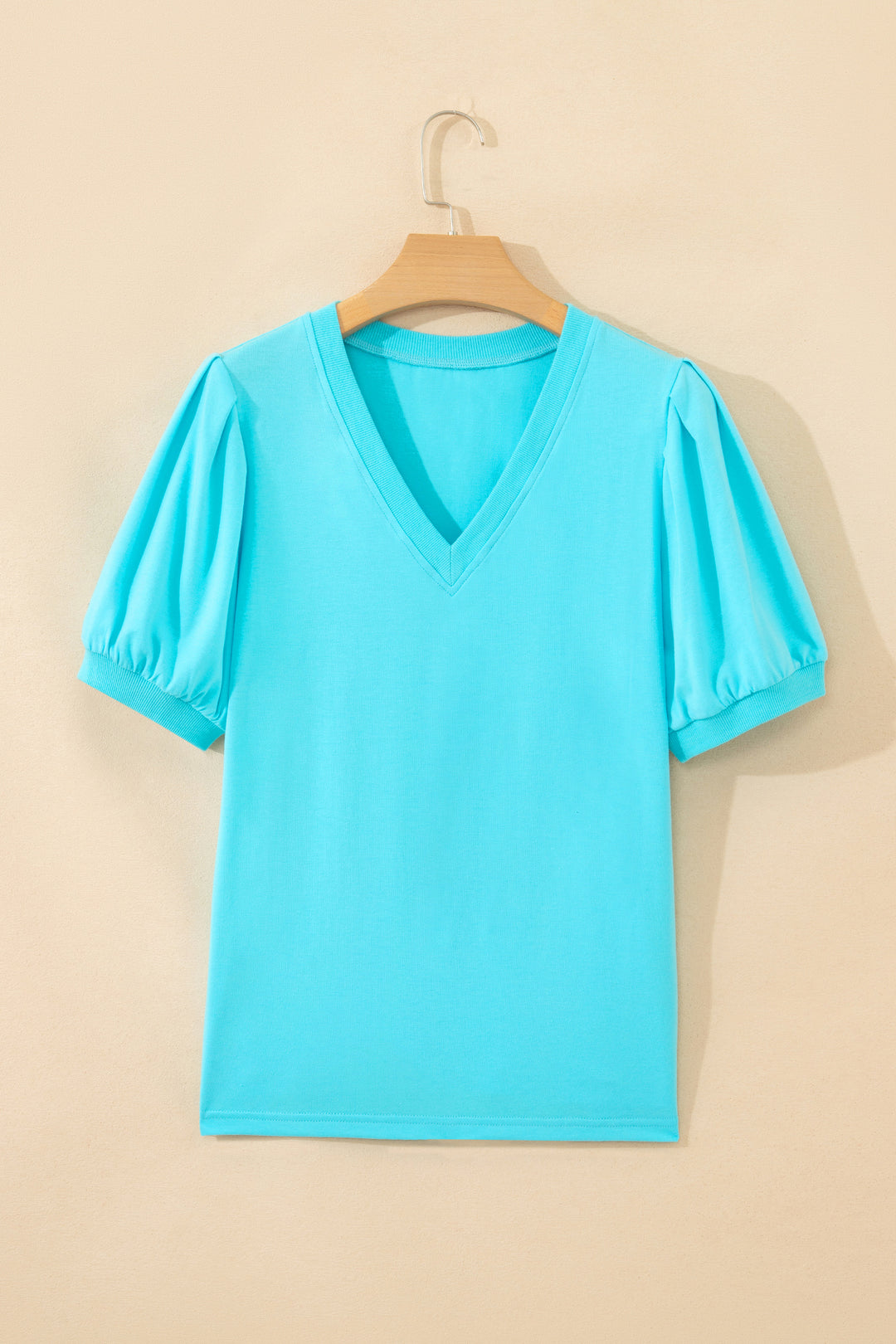 Mint Green Solid Color V Neck Short Puff Sleeve Blouse