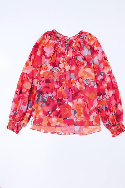 Fiery Red Floral Print Split Neck Tassel Tie Blouse