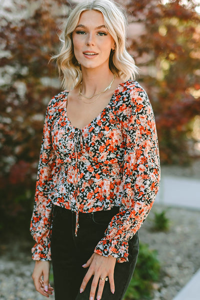 Orange Floral Flounce Sleeve Front Tie Sweetheart Neck Blouse