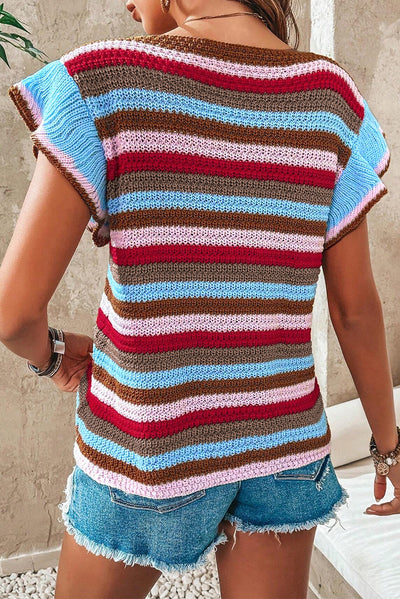 Multicolour Striped Ruffled Sleeve V Neck Sweater