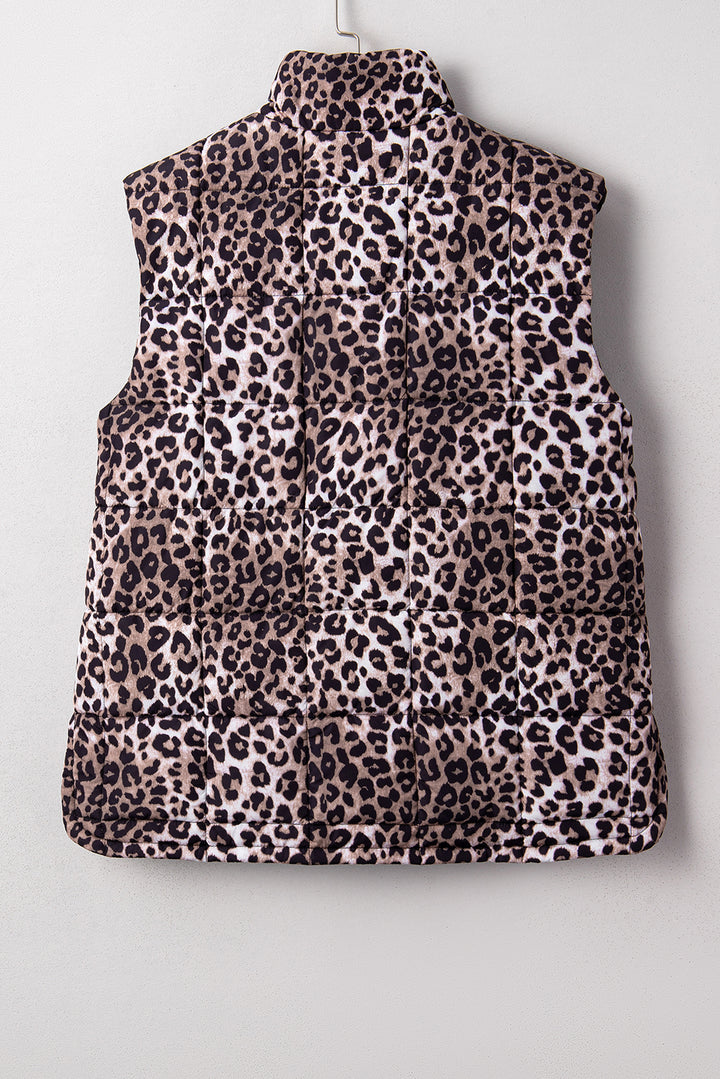 Brown Leopard Quilted Full Zipper Casual Puff Vest