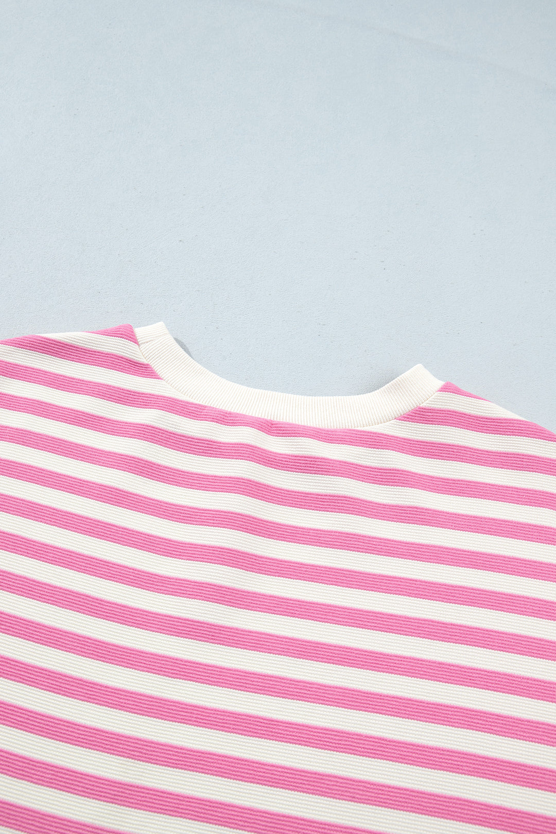 Pink Striped Long Sleeve Crew Neck Drawstring Waist Shorts Set