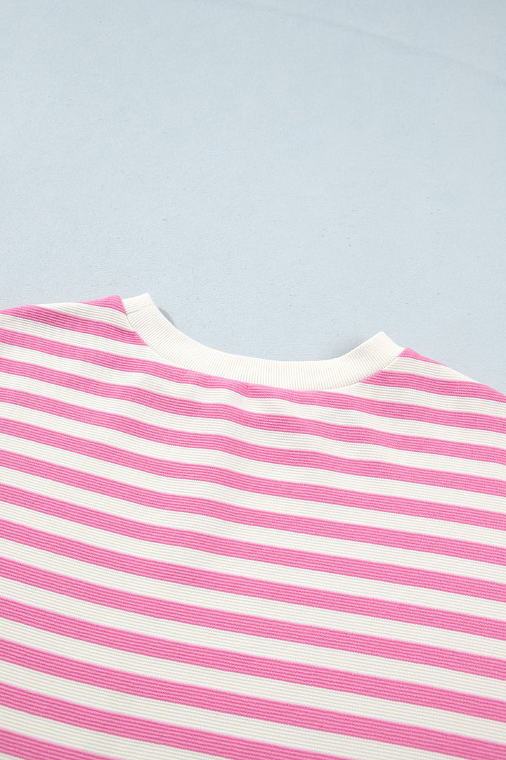Pink Striped Long Sleeve Crew Neck Drawstring Waist Shorts Set