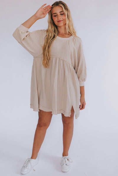 Oatmeal 3/4 Sleeves High Waist Slits Mini Dress