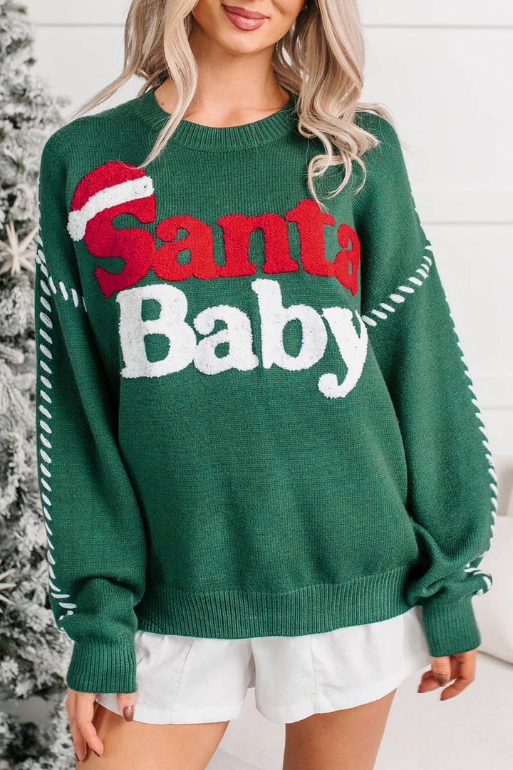 Evergreen Santa Baby Towel Embroidery Christmas Slogan Pullover Sweater
