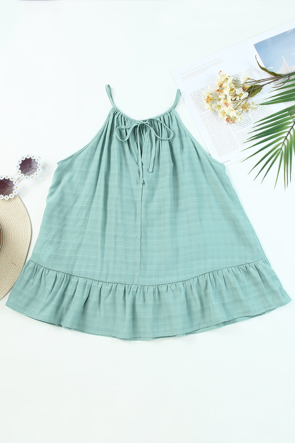 Green Lightweight Ruffle Hem Halter Tank Top