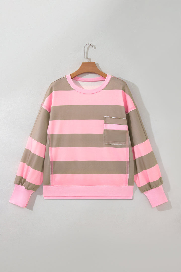 Pink Stripe Raw Seam Patchwork Drop Shoulder Plus Size Sweatshirt