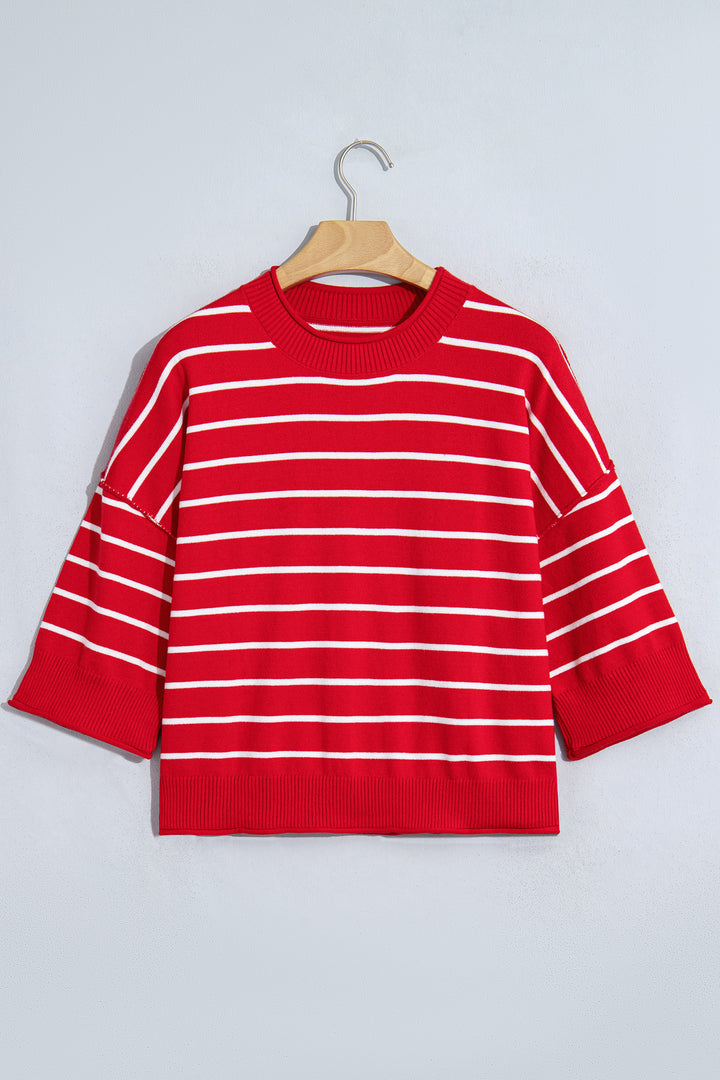 Red Stripe Dropped Shoulder Half Sleeve Relaxed Knit Sweater