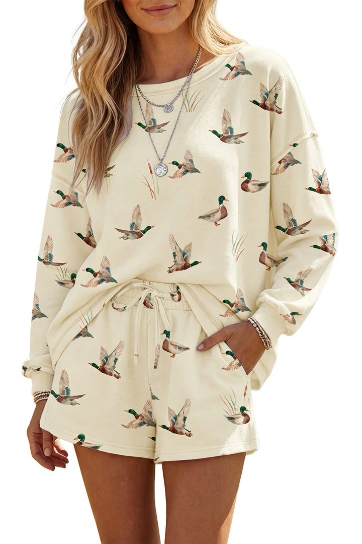 Beige Free Mallard Print Long Sleeve Top Drawstring Short Set