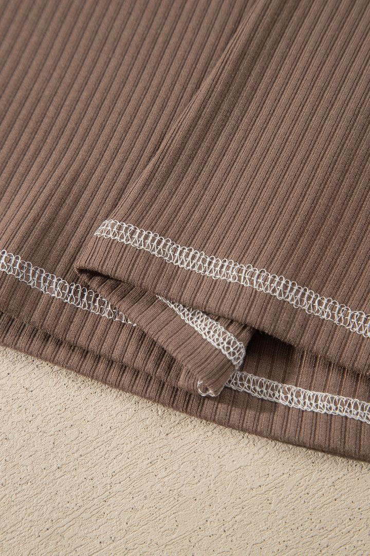Dark Khaki V Neck Ribbed Stitched Detail Long Sleeve Top