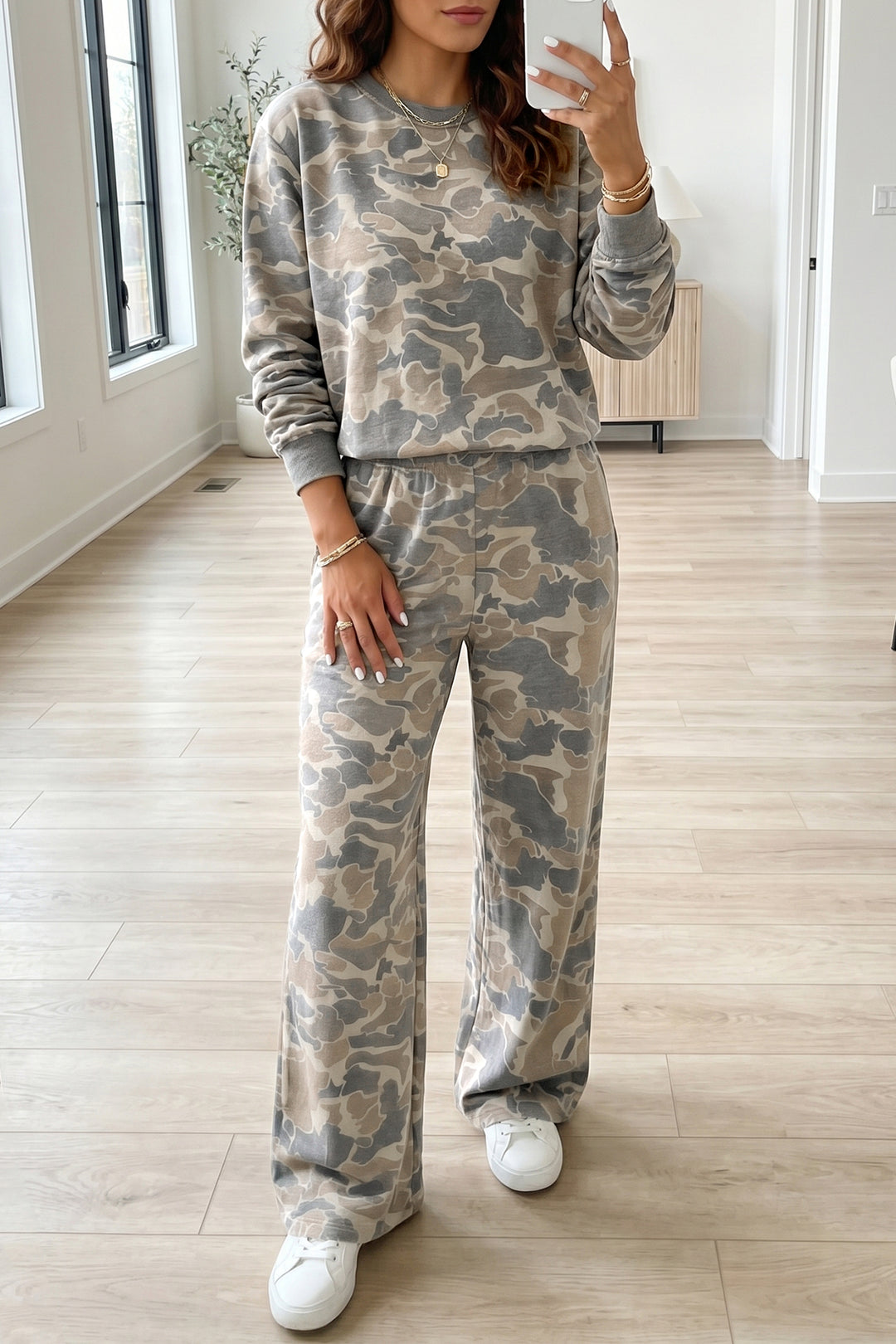 Multicolour Camouflage Print Long Sleeve Top Loose 2pcs Pants Set