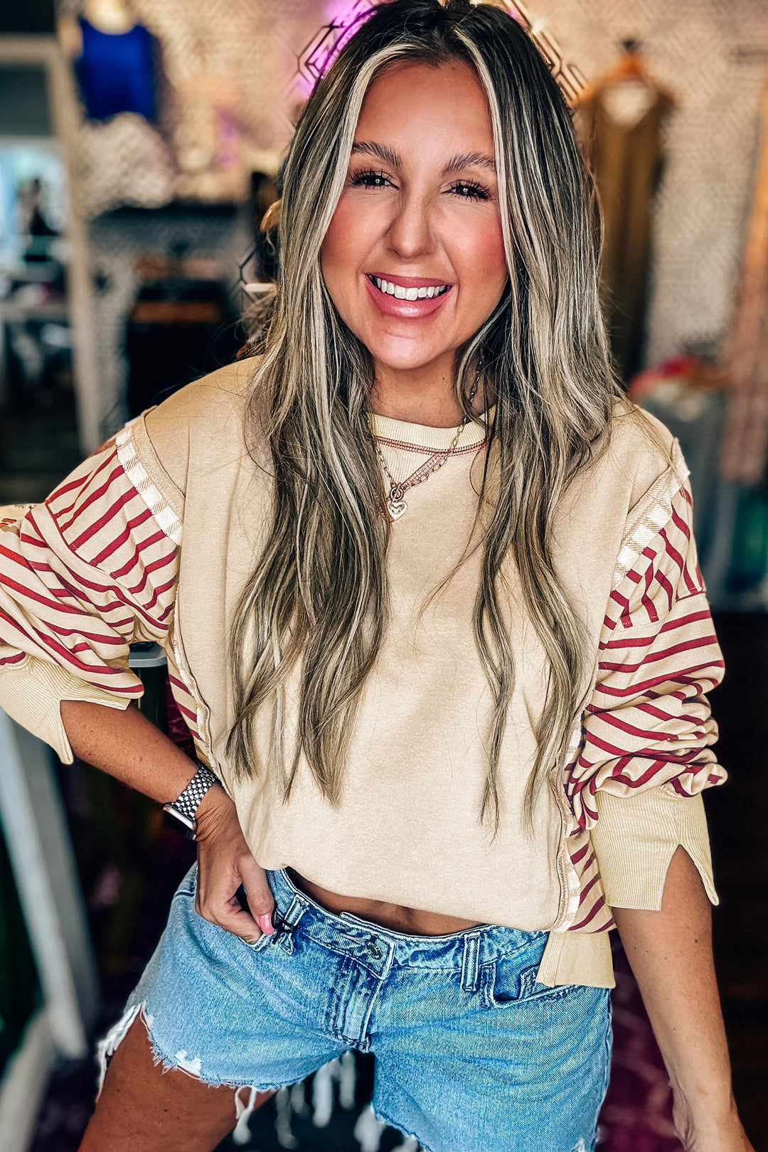 Red Stripe Sleeve Patchwork Casual Knit Top