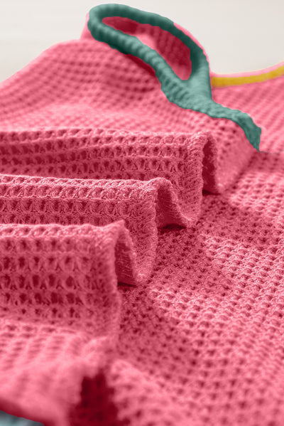 Strawberry Pink Color Block Patched Pocket Breathable Knit Tank Top