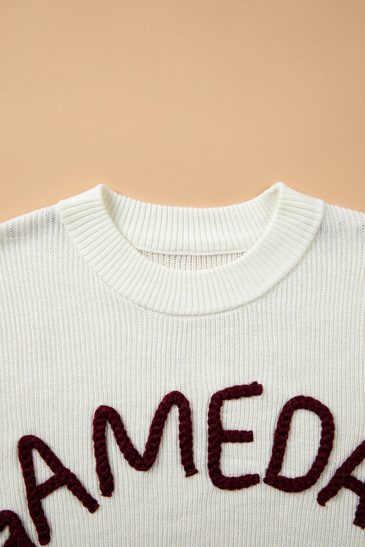 Beige Drop Shoulder Game Day Letter Print Pullover Sweater