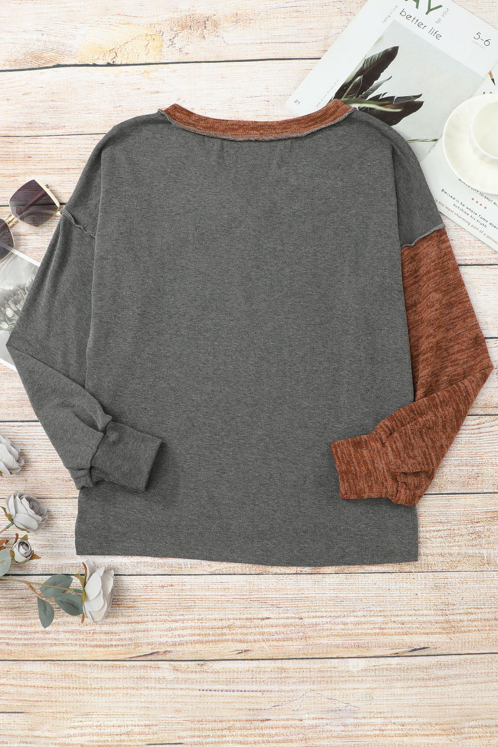 Brown V Neck Color Block Patchwork Loose Pullover