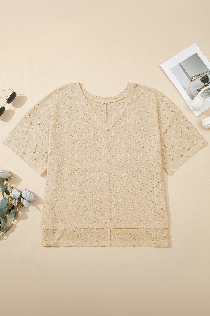 Golden Fleece Pointelle Rhombus Knit Plus Size V Neck Loose Top