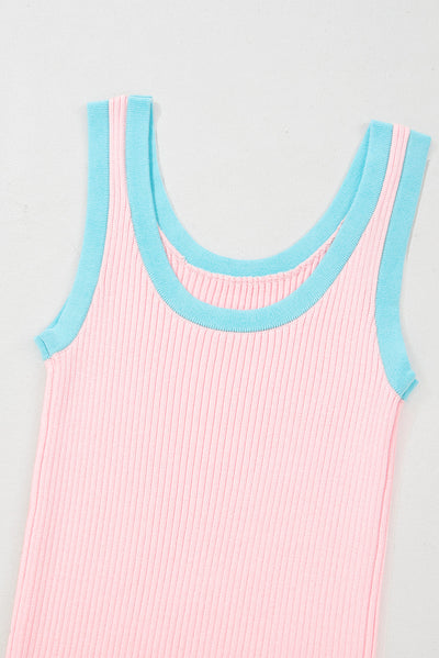 Pink Colorblock Edge Ribbed Knit U Neck Tank Top