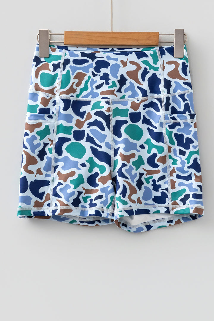 Sky Blue Abstract Camo Printed Seam Detail Biker Shorts