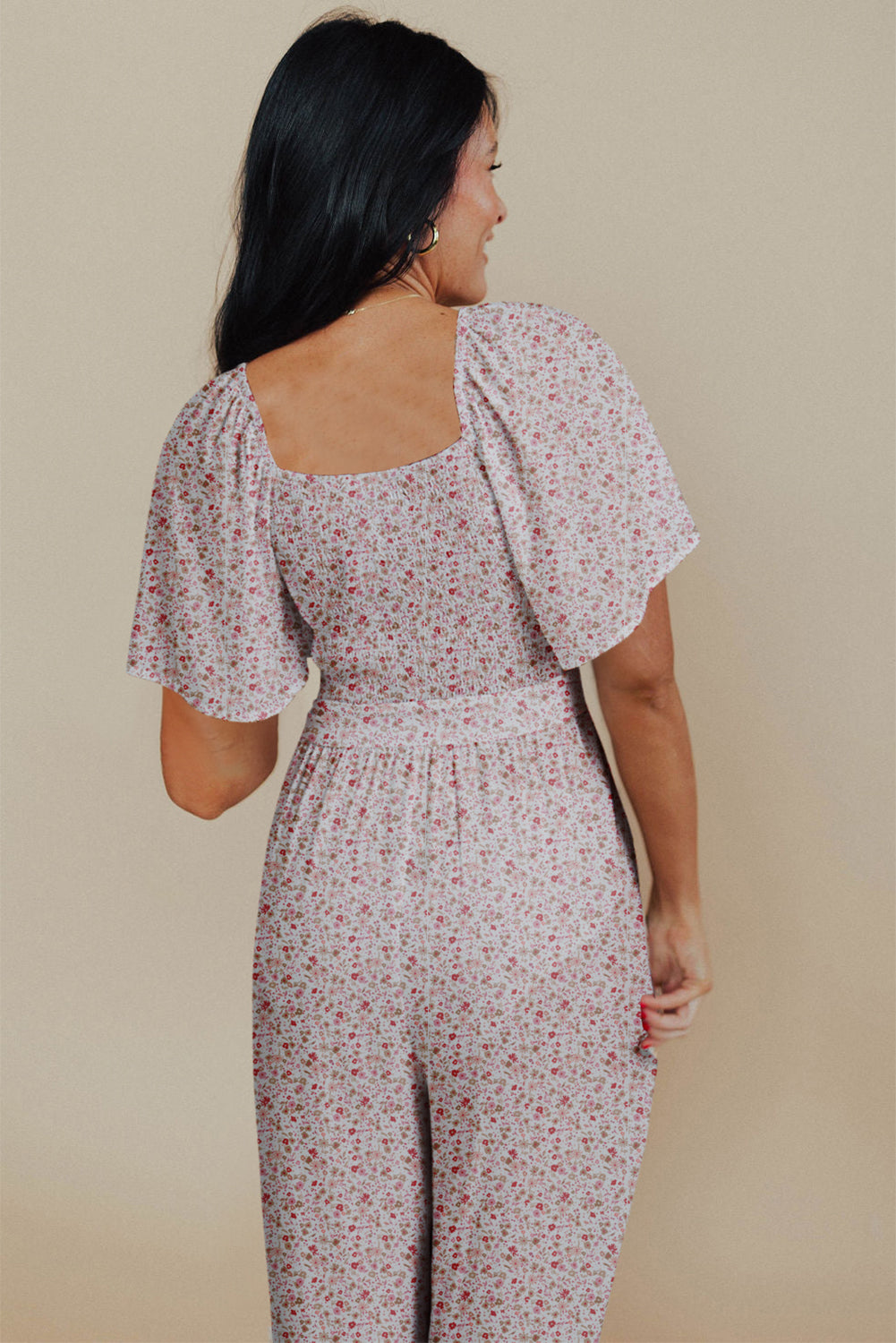 White Smocked Short Sleeve Wide Leg Floral Print Jumpsuit