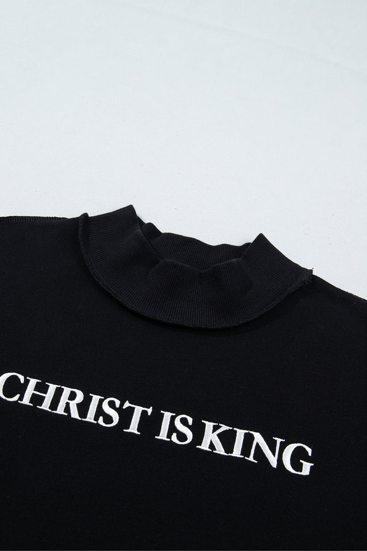Black CHRIST IS KING Embroidery High Neck Baggy Sweatshirt