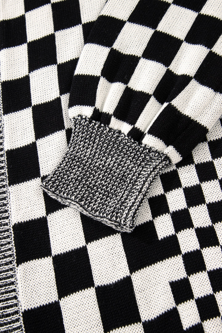 Black Checkered Bubble Sleeve Drop Shoulder Open Cardigan