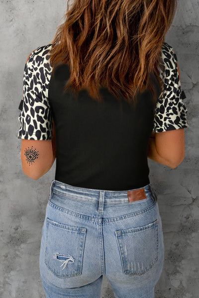 Black Leopard Color Block Cut Out Short Sleeve Top