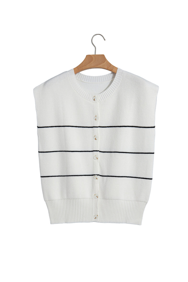 White Stripe Short Sleeve Button Front Shift Cardigan