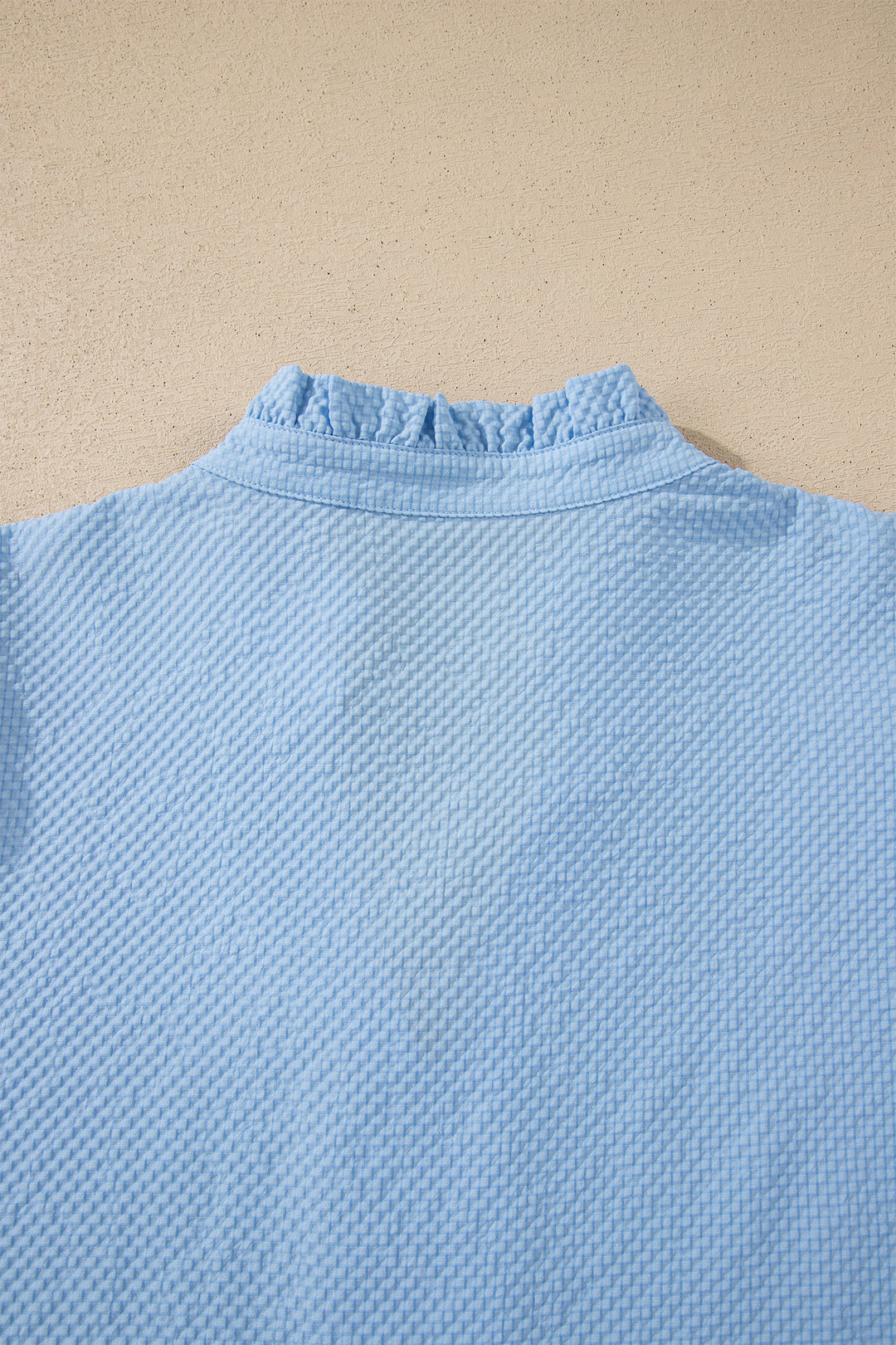 Beau Blue Flower Embroidered Puff Sleeve Split Neck Textured Blouse