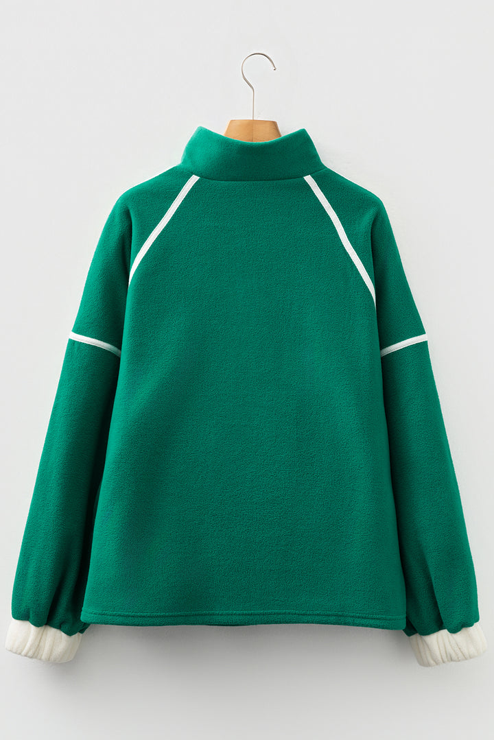 Dark Green Half Zip Contrast Trim Pocketed Plus Size Fleece Sweatshirt
