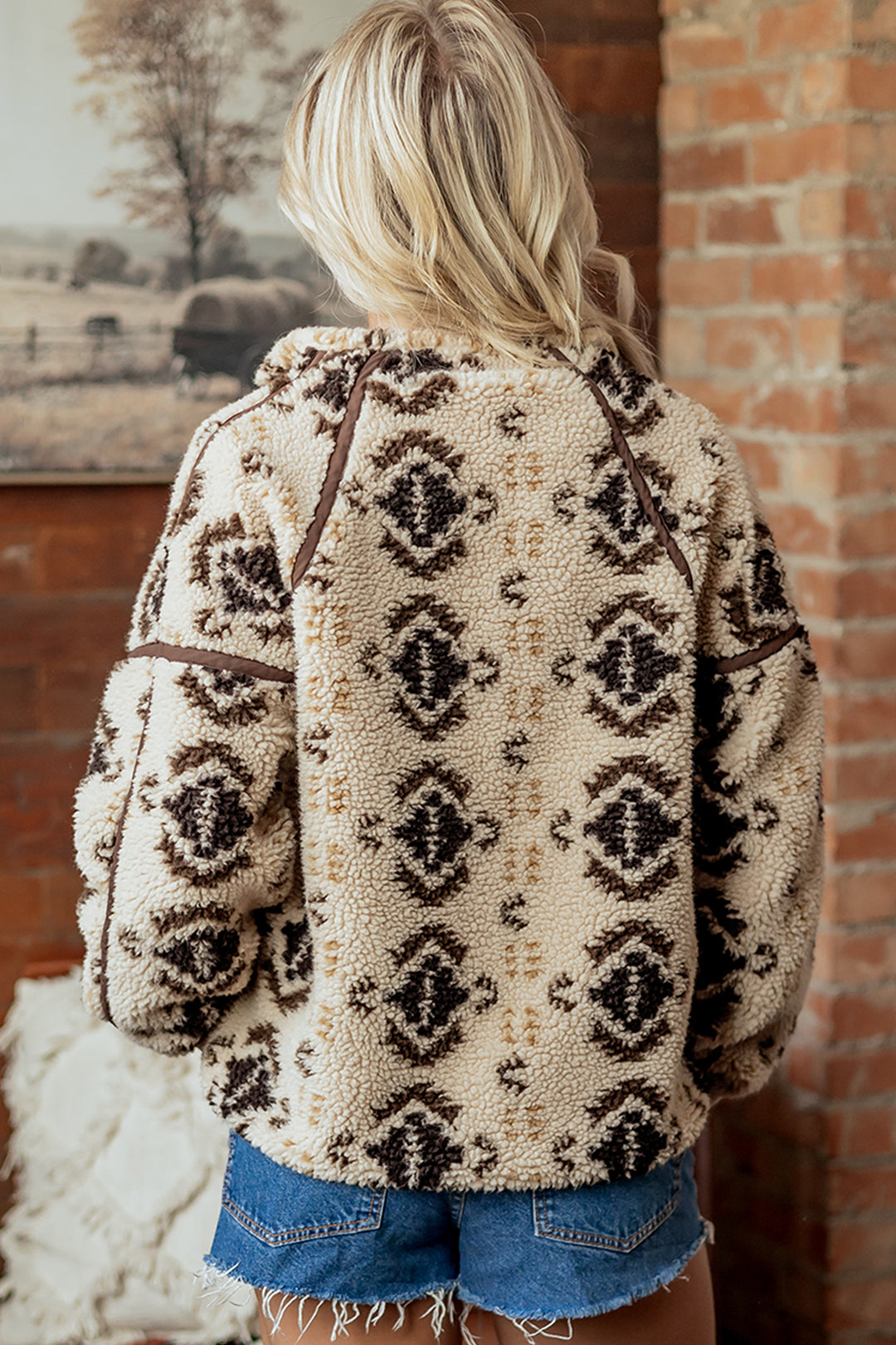 Khaki Western Print Geometric Fleece Pullover Sweatshirt