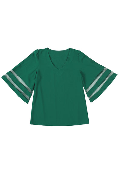 Green Flare Sleeve V Neck Loose Blouse