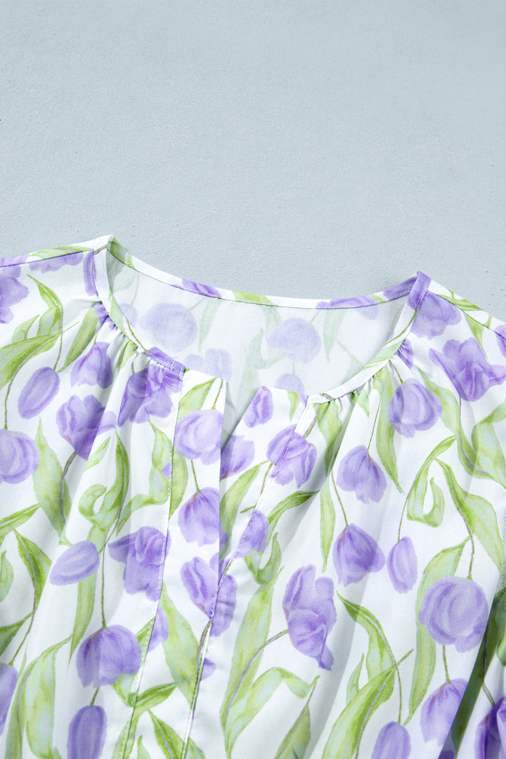 Purple Tulip Floral Print Contrast Trim Midi Dress