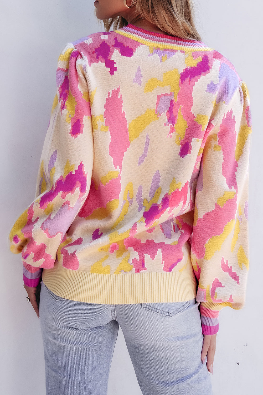 Khaki Abstract Print Colorblock Balloon Sleeve Sweater