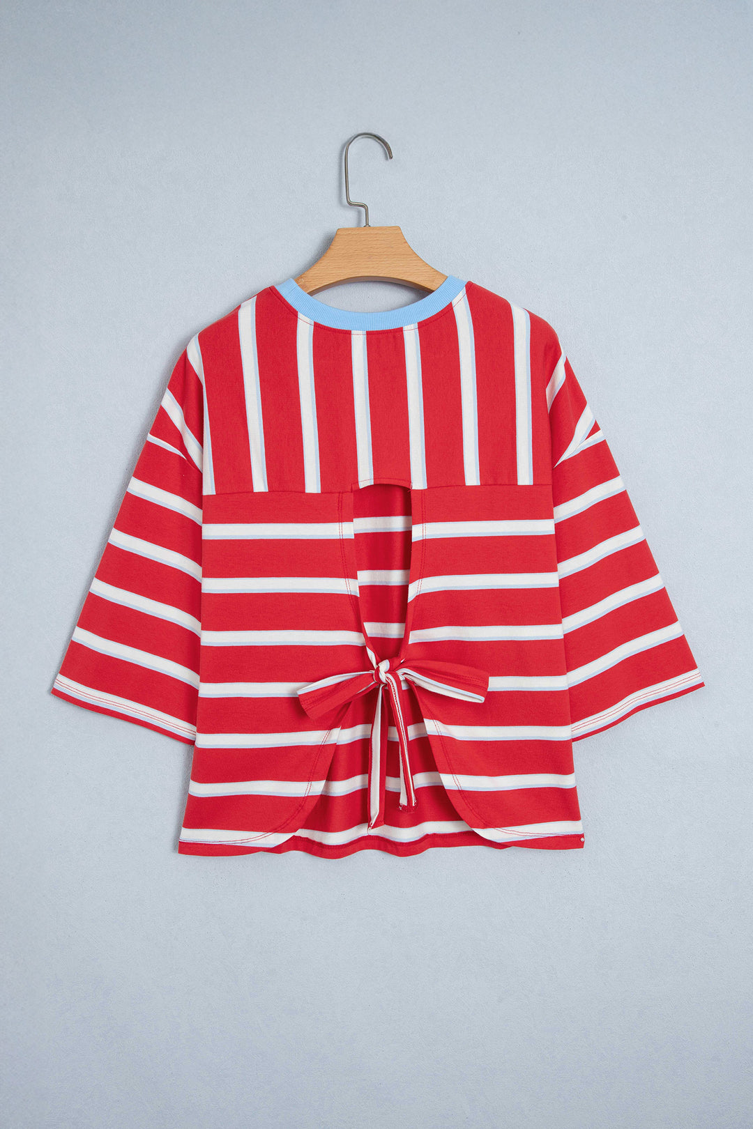 Racing Red Striped Bow Tie Hollowed Back 7/8 Sleeve Casual T-Shirt