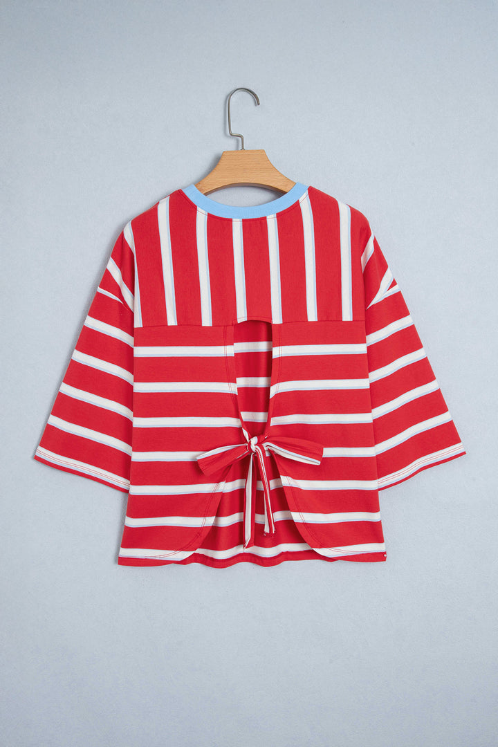 Racing Red Striped Bow Tie Hollowed Back 7/8 Sleeve Casual T-Shirt