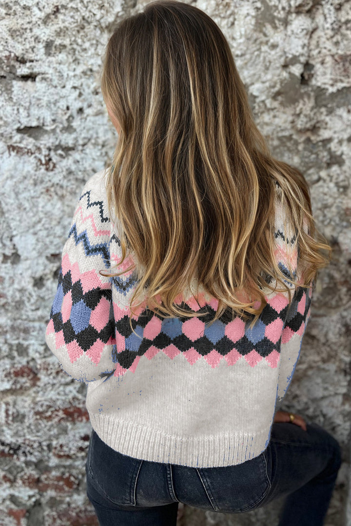 Pink Stripe Geometric Button Up Sweater Cardigan