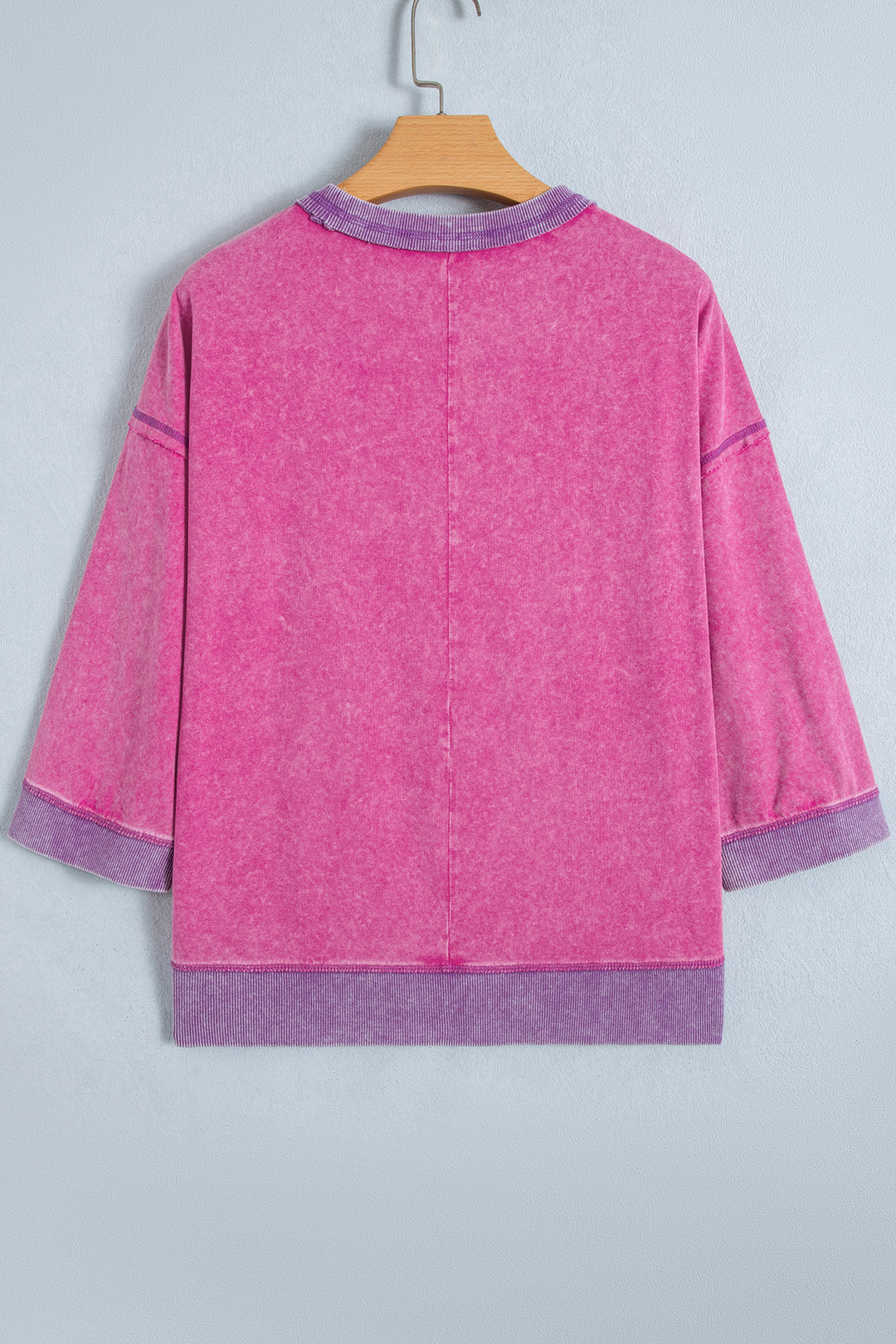 Strawberry Pink Mineral Wash Color Block Trim Bracelet Sleeve Pullover Top