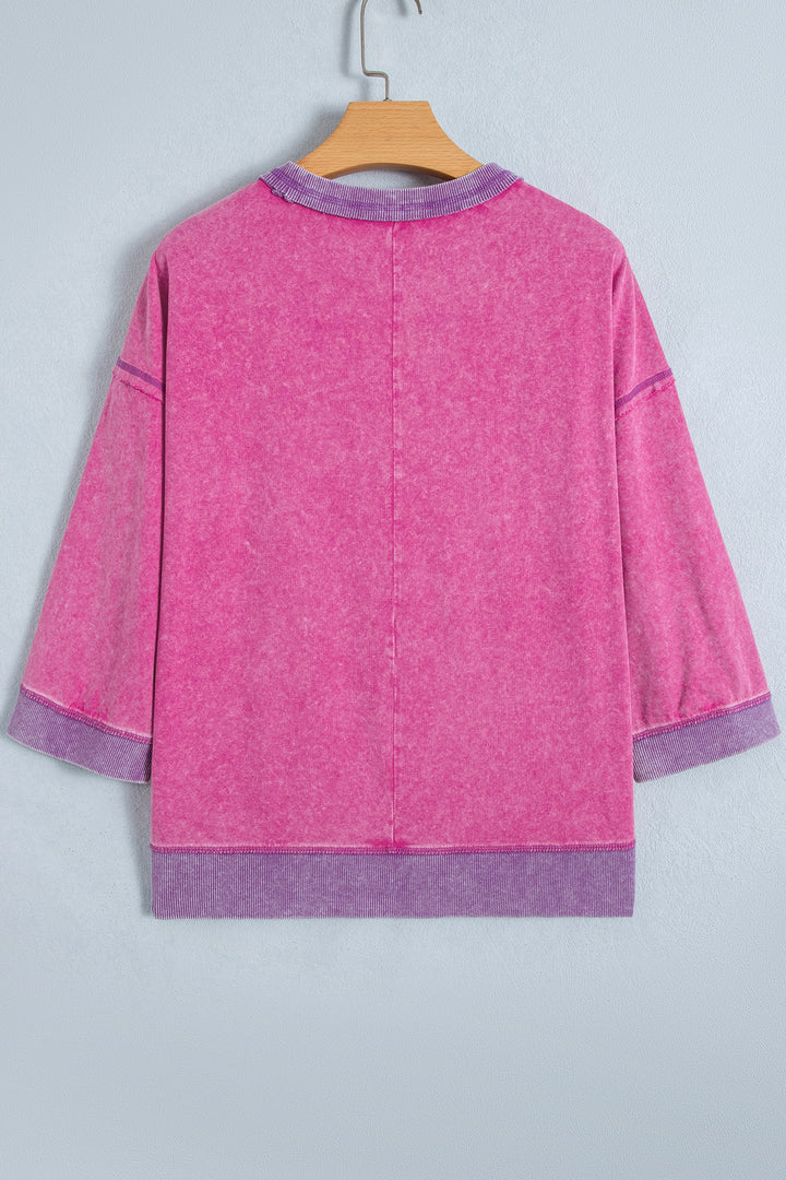 Strawberry Pink Mineral Wash Color Block Trim Bracelet Sleeve Pullover Top