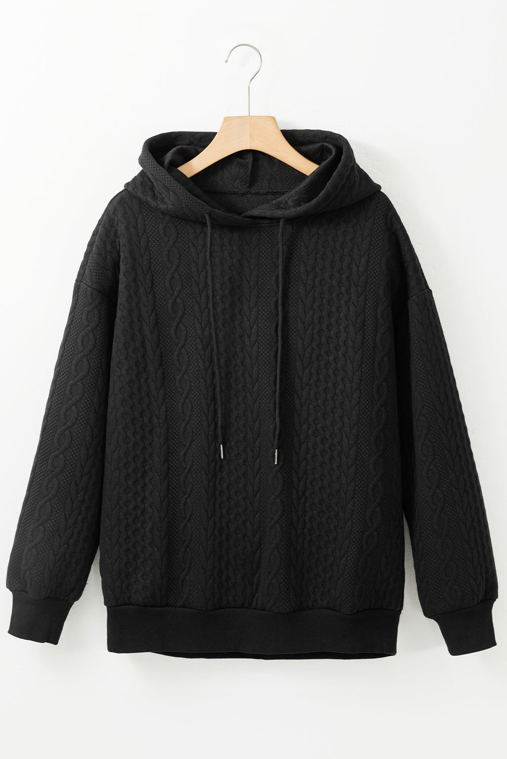 Black Cable Textured Casual Drawstring Hoodie