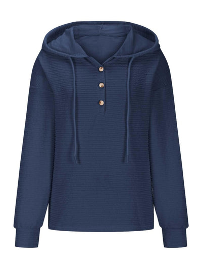 Drawstring Quarter Button Long Sleeve Hoodie