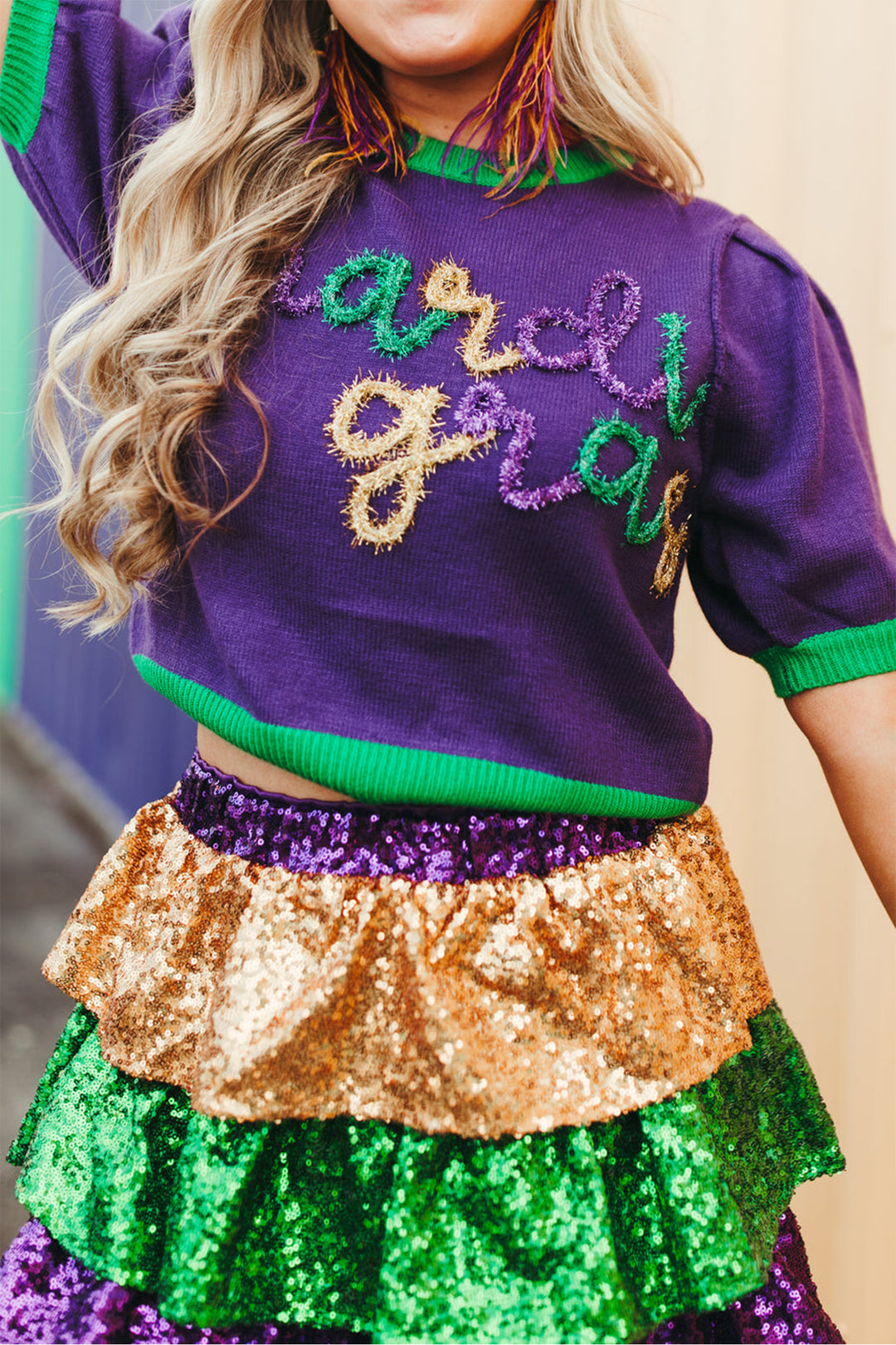 Tillandsia Purple Mardi Gras Tinsel Graphic Short Sleeve Sweater