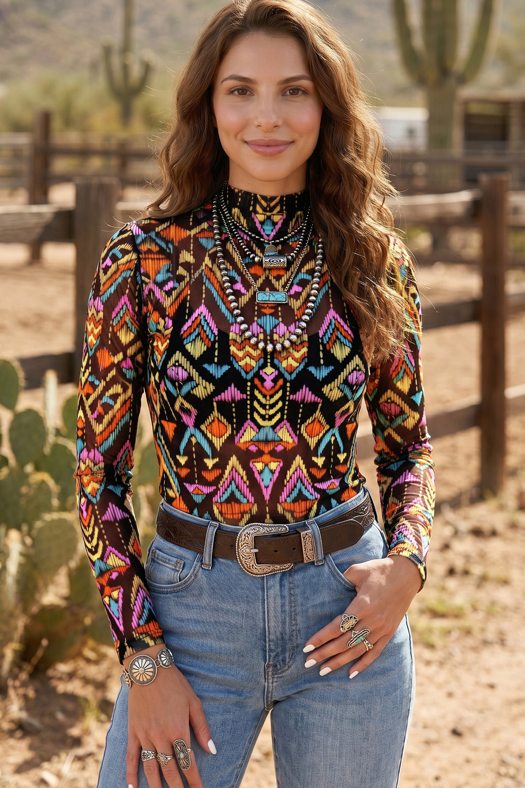 Color black Abstract Print Long Sleeve Stand Neck Mesh Top
