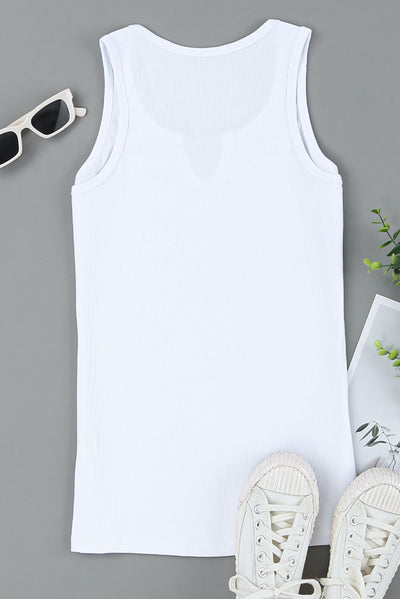 White Split Neck Ribbed Knit Tank Top